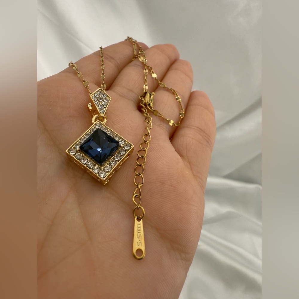 Anthropologie Vintage Square Gold and Blue Pendant Necklace